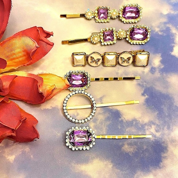 Accessories - Ladies Six Piece Hair Accessories Clips in Retro Antique Style Purple & Gold.